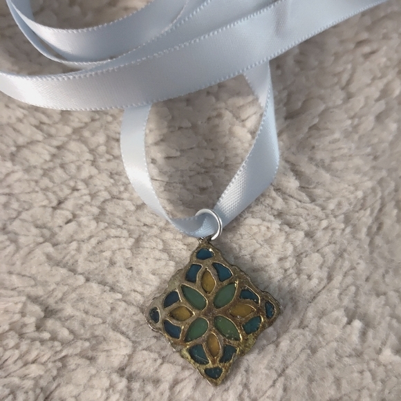 Handmade Ribbon Necklace with Vintage Stained Glass Style Pendant - Picture 2 of 4